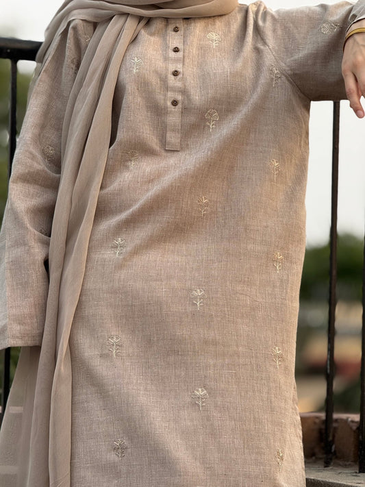 Embroidered Ivory Beige Kurta ( Stitched Festive )