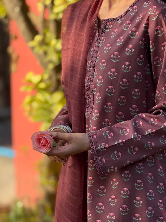 Burgundy- shirt piece Lawn (cotton)